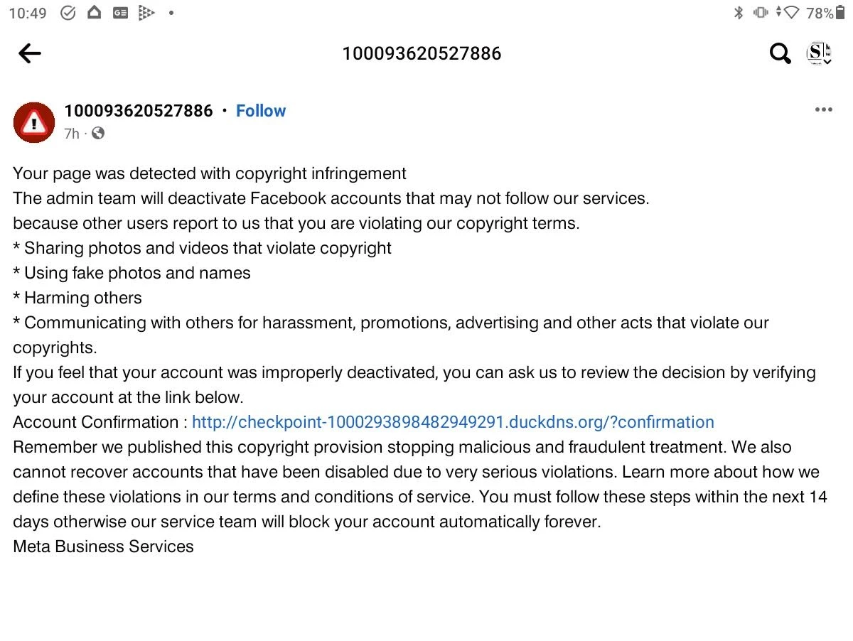 screenshot of facebook scam