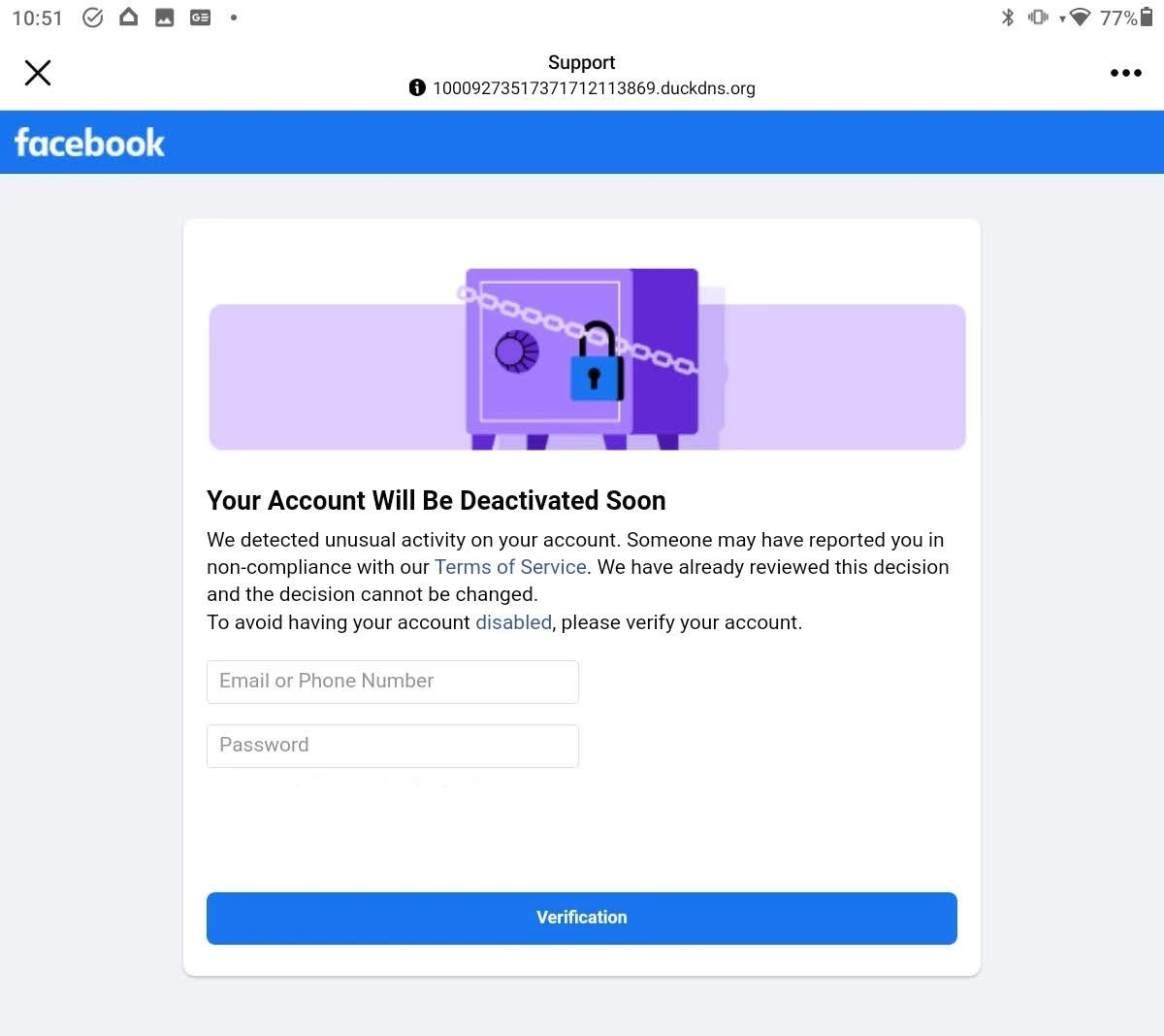 screenshot of facebook scam