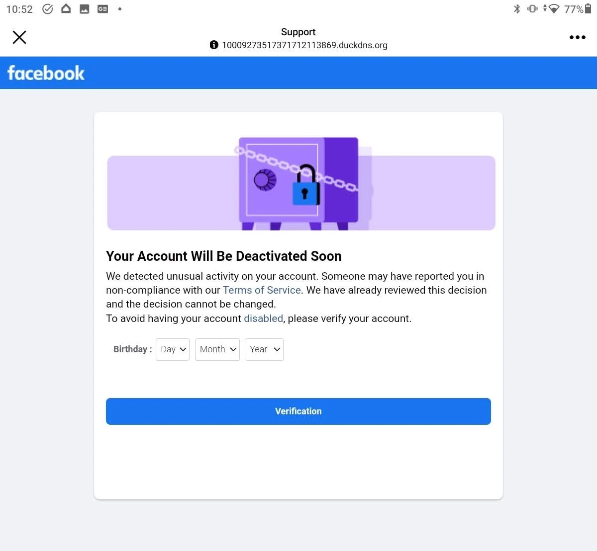 screenshot of facebook scam