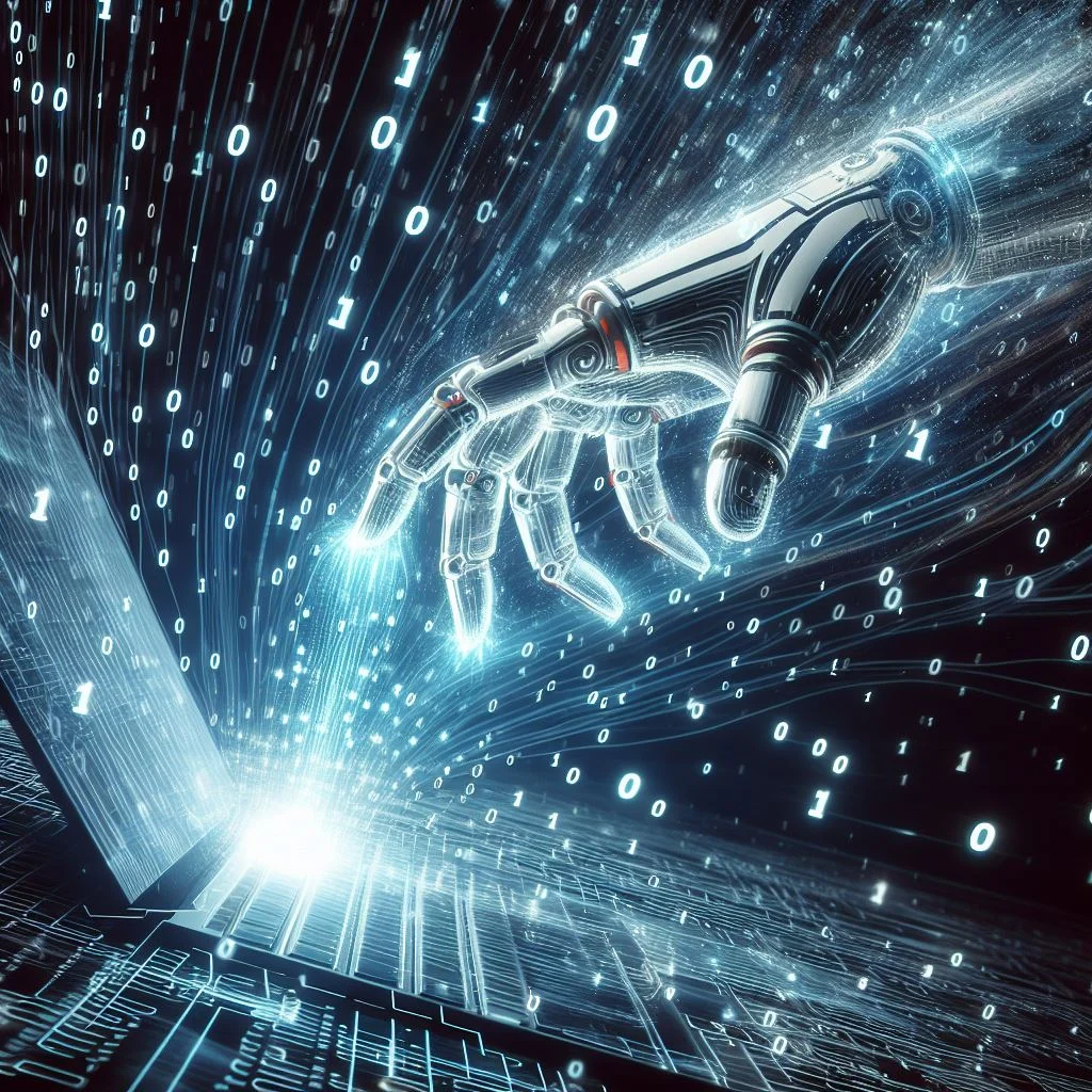 sci-fi image depicting chat GPT as a robotic hand sending energy to laptop keyboard
