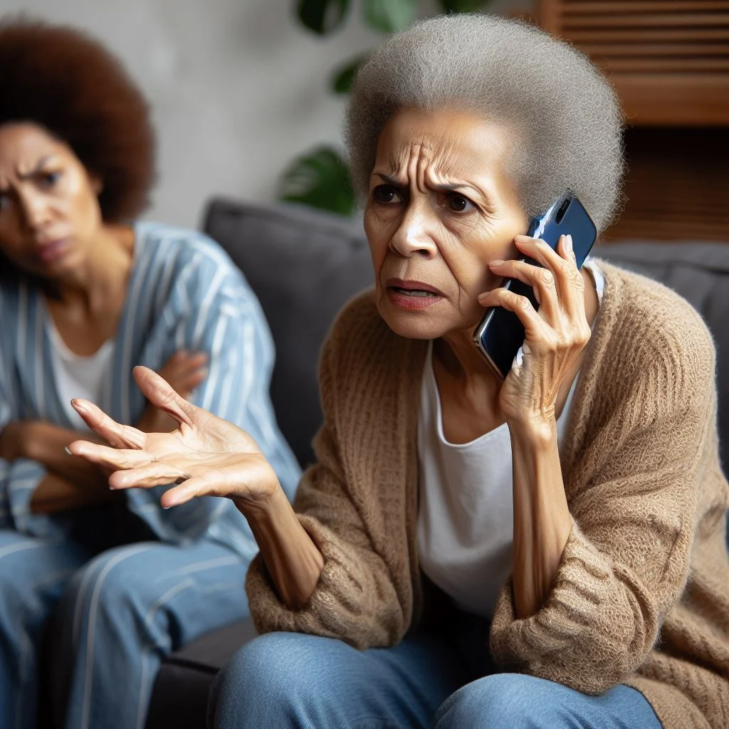 senior woman arguing with her bank over the phone