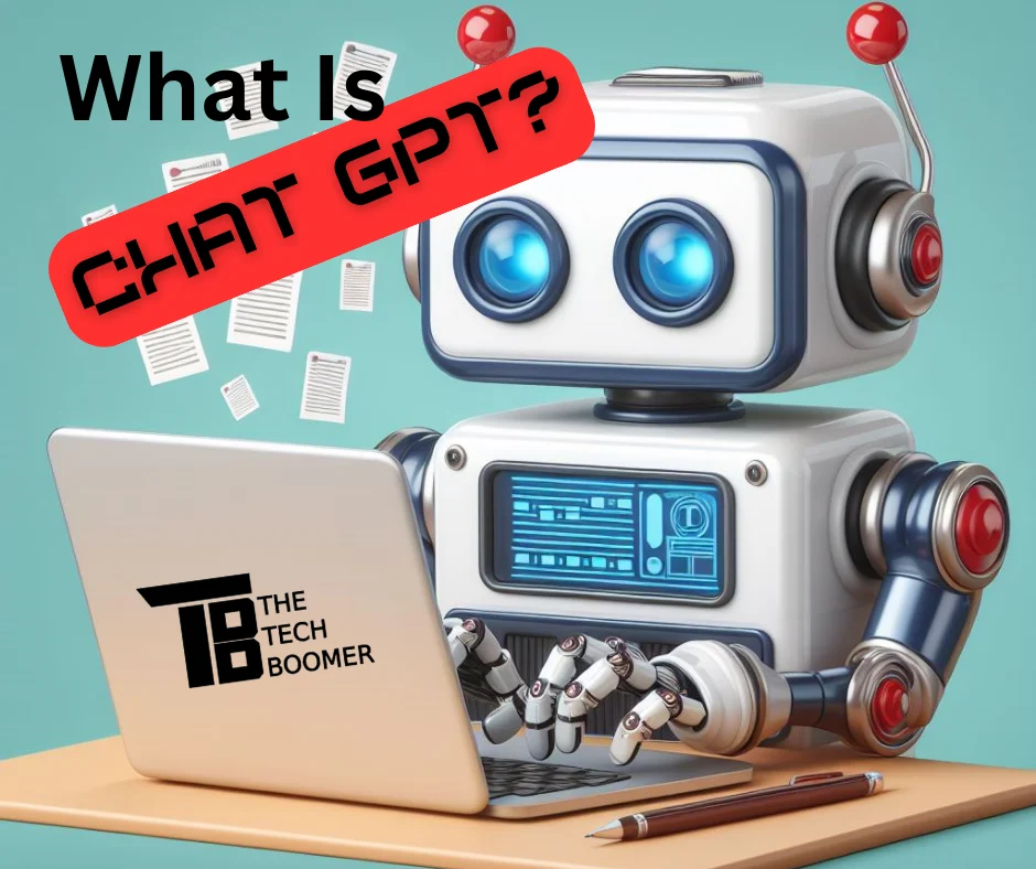 chat as a robot GPT writing article on a laptop