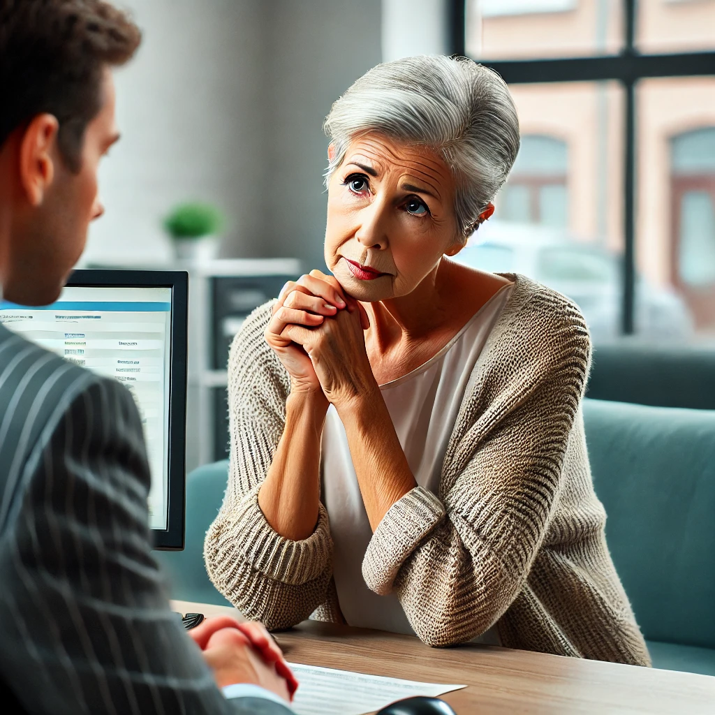 A senior woman talkingto a bank employee about losing money to a scammer