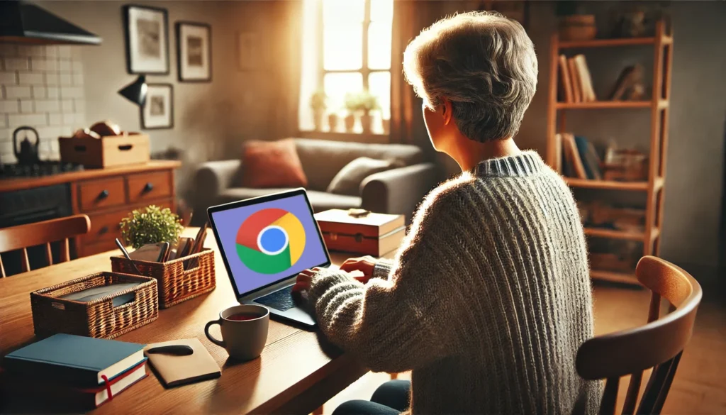 senior woman sitting at a computer viewing the chrome web store