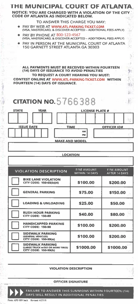 Image of a fake Atlanta parking ticket