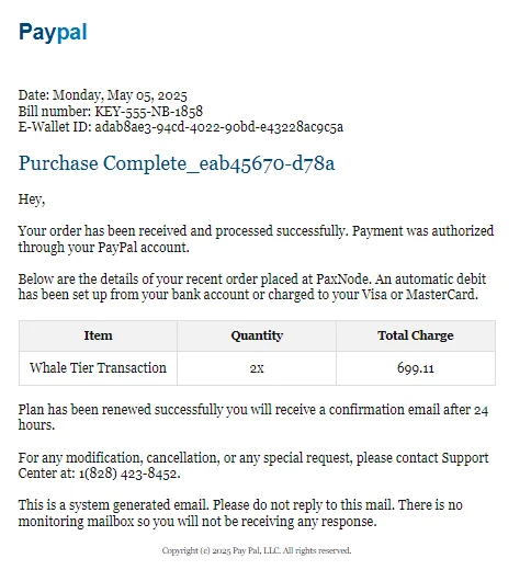 Example of a fake notice from PayPal telling the victim that they have purchased something