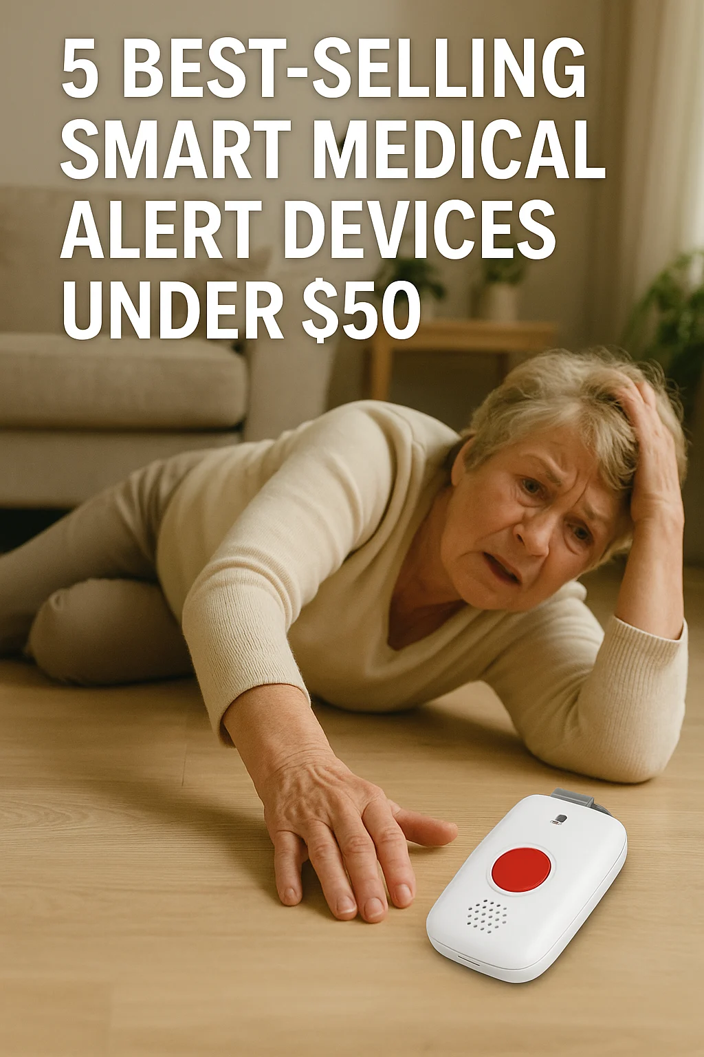 A senior who has fallen on the floor and cannot reach her affordable medical alert devices