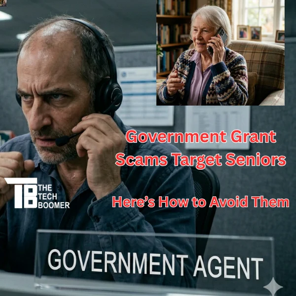 image of a scammer posing as a government agent attempting to scam a senior with the "Government grant" scam